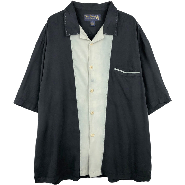 90s-00'S Nat Nast Short-Sleeve Two-Tone Open-Collar Silk Shirt, Boxy Shirt, Men's XL Equivalent, Vintage silk black type Vintage Second Hand