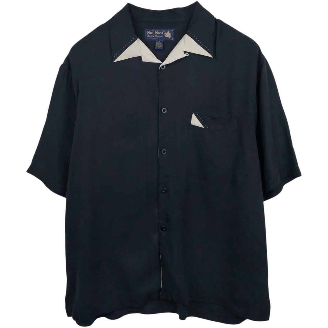 90'S Nat Nast Open Collar Short Sleeve Two-Tone Shirt, Boxy Shirt, Men's XL (approx.), Vintage silk black type Vintage Second Hand