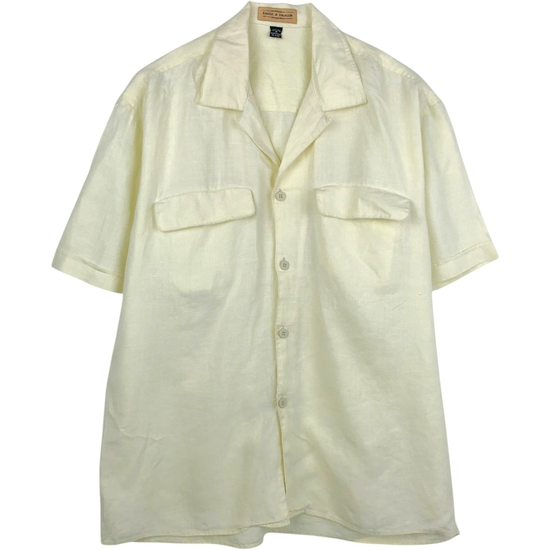 EAGLE AND DRAGON Short-Sleeve Open-Collar Linen Shirt, Boxy Fit, Men's Size M linen lemon yellow Vintage Second Hand