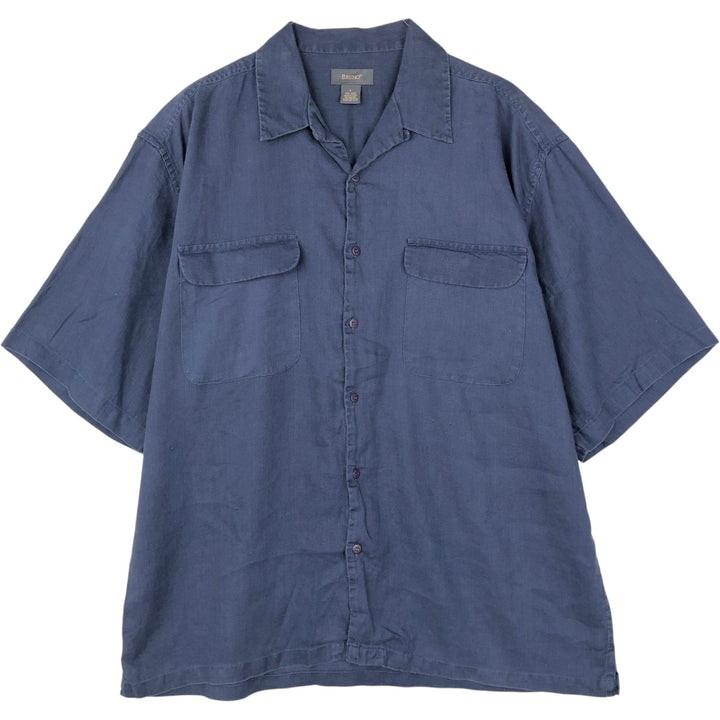 BRUNO Short Sleeve Open Collar Linen Shirt, Box Shirt, Men's Size L linen navy blue type Vintage Second Hand