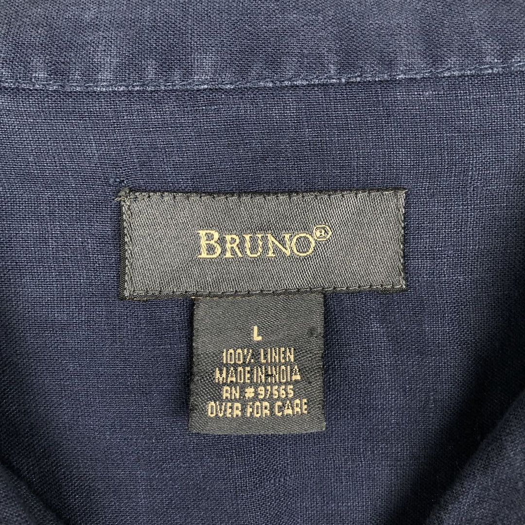 BRUNO Short Sleeve Open Collar Linen Shirt, Box Shirt, Men's Size L linen navy blue type Vintage Second Hand