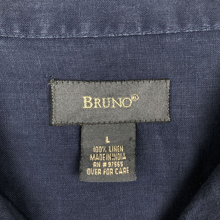 BRUNO Short Sleeve Open Collar Linen Shirt, Box Shirt, Men's Size L linen navy blue type Vintage Second Hand