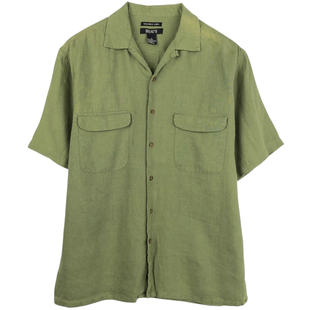 BRUNO Short Sleeve Open Collar Linen Shirt, Box Shirt, Men's Size L linen Khaki type Vintage Second Hand