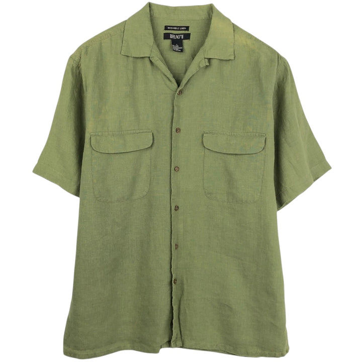 BRUNO Short Sleeve Open Collar Linen Shirt, Box Shirt, Men's Size L linen Khaki type Vintage Second Hand