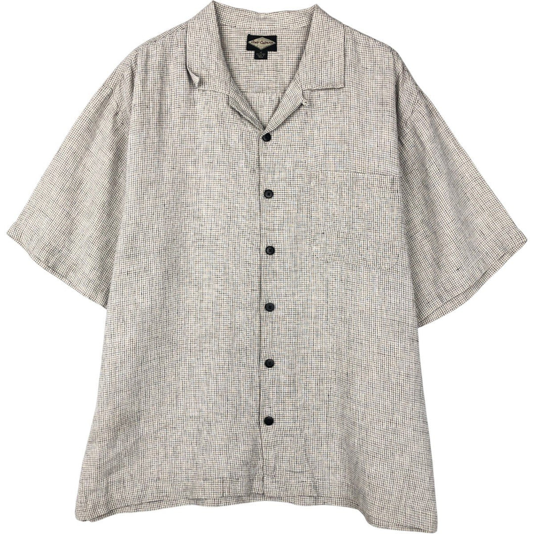 Club Cabana Check Pattern Short-Sleeve Open Collar Linen Shirt, Boxy Shirt, Men's XL Equivalent linen gray type Vintage Second Hand