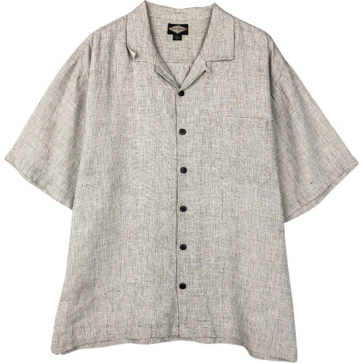 Club Cabana Check Pattern Short-Sleeve Open Collar Linen Shirt, Boxy Shirt, Men's XL Equivalent linen gray type Vintage Second Hand