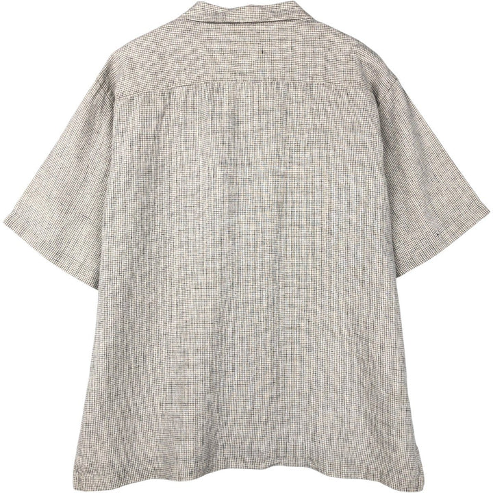 Club Cabana Check Pattern Short-Sleeve Open Collar Linen Shirt, Boxy Shirt, Men's XL Equivalent linen gray type Vintage Second Hand
