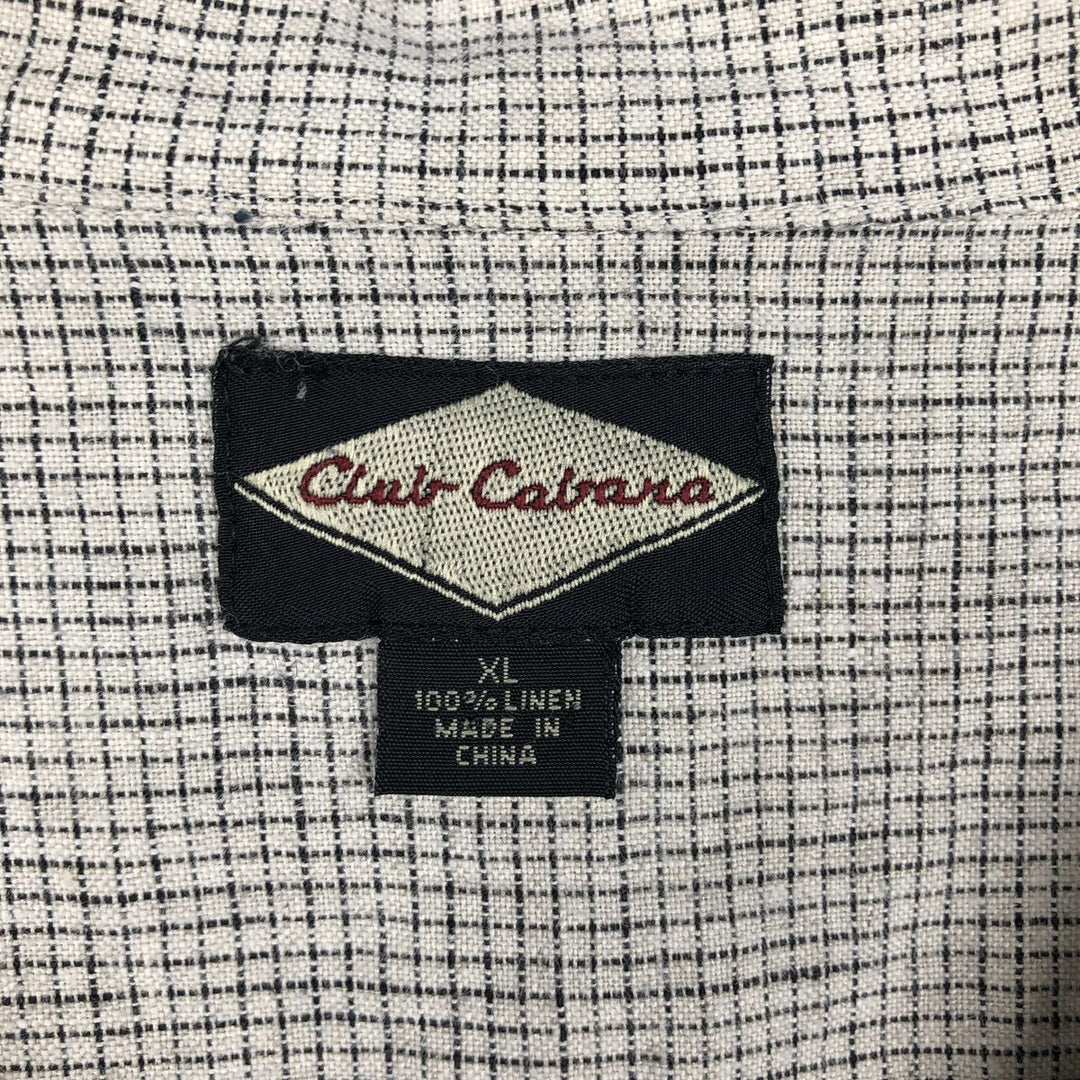 Club Cabana Check Pattern Short-Sleeve Open Collar Linen Shirt, Boxy Shirt, Men's XL Equivalent linen gray type Vintage Second Hand