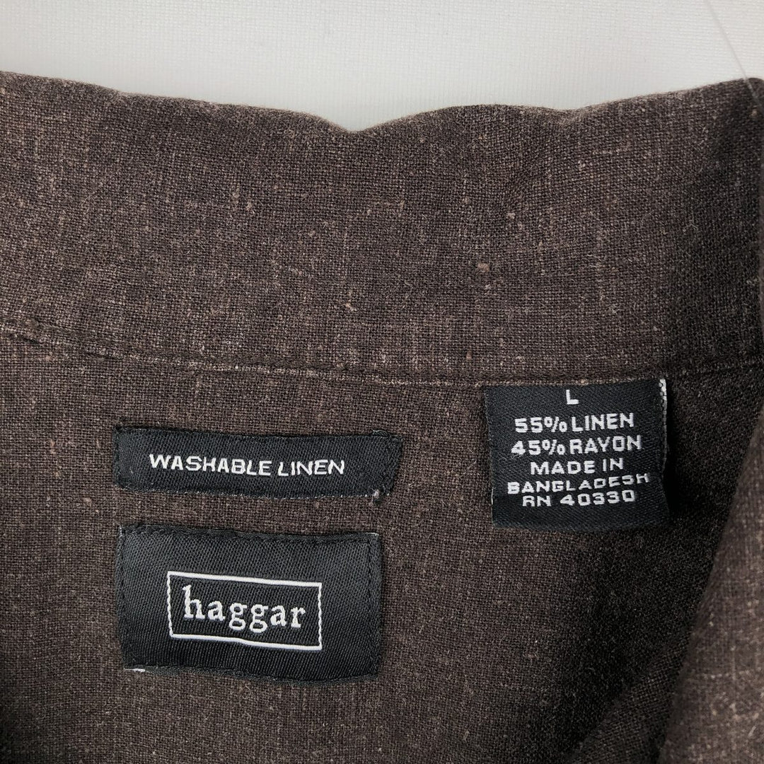 Haggar open-collar rayon x linen short-sleeved two-tone shirt, men's size L (approx.) linen brown type Vintage Second Hand