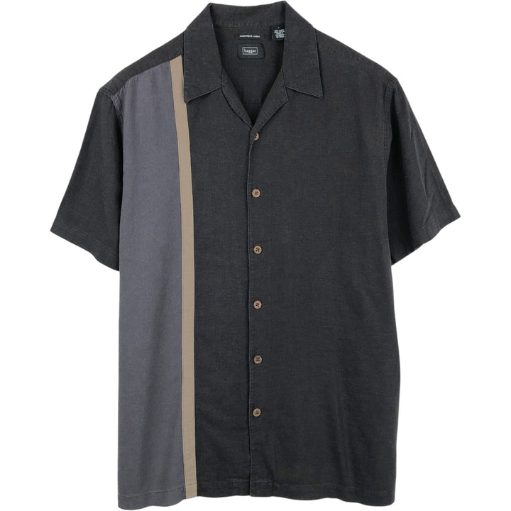 Haggar Short-Sleeve Open-Collar Linen Shirt, Boxy Fit, Men's Size L (approx.) linen black type Vintage Second Hand