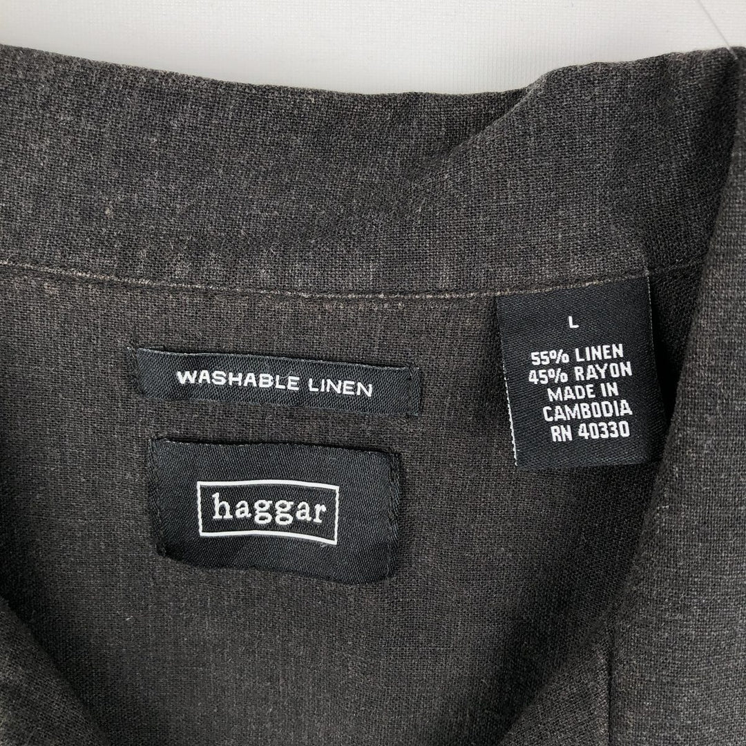Haggar Short-Sleeve Open-Collar Linen Shirt, Boxy Fit, Men's Size L (approx.) linen black type Vintage Second Hand
