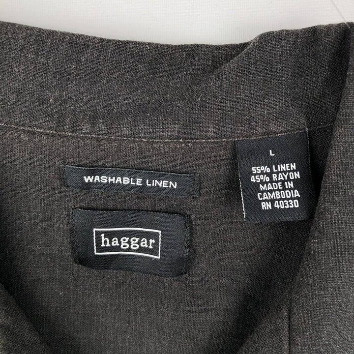 Haggar Short-Sleeve Open-Collar Linen Shirt, Boxy Fit, Men's Size L (approx.) linen black type Vintage Second Hand
