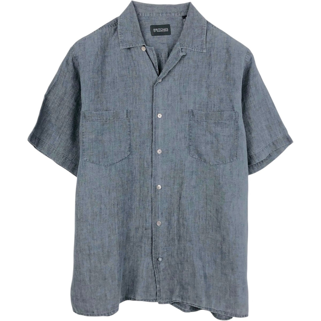 BRITCHES Short-Sleeve Open-Collar Linen Shirt, Boxy Fit, Men's Size M (approx.) linen Charcoal Vintage Second Hand