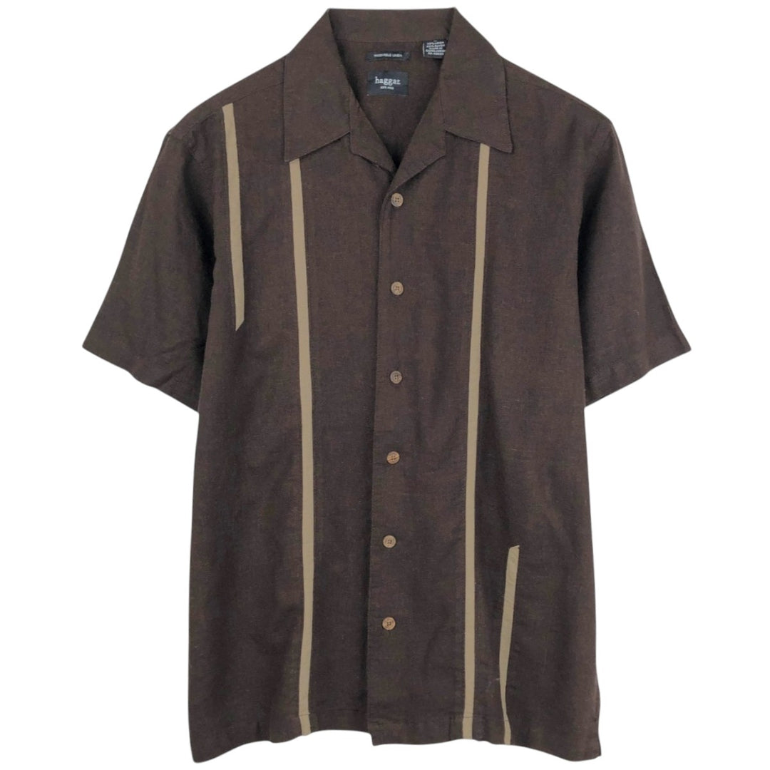 Haggar. Short-sleeved open-collar rayon x linen boxy shirt, men's size M. linen brown type Vintage Second Hand