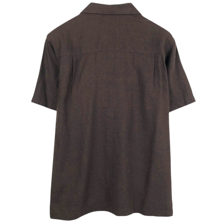 Haggar. Short-sleeved open-collar rayon x linen boxy shirt, men's size M. linen brown type Vintage Second Hand