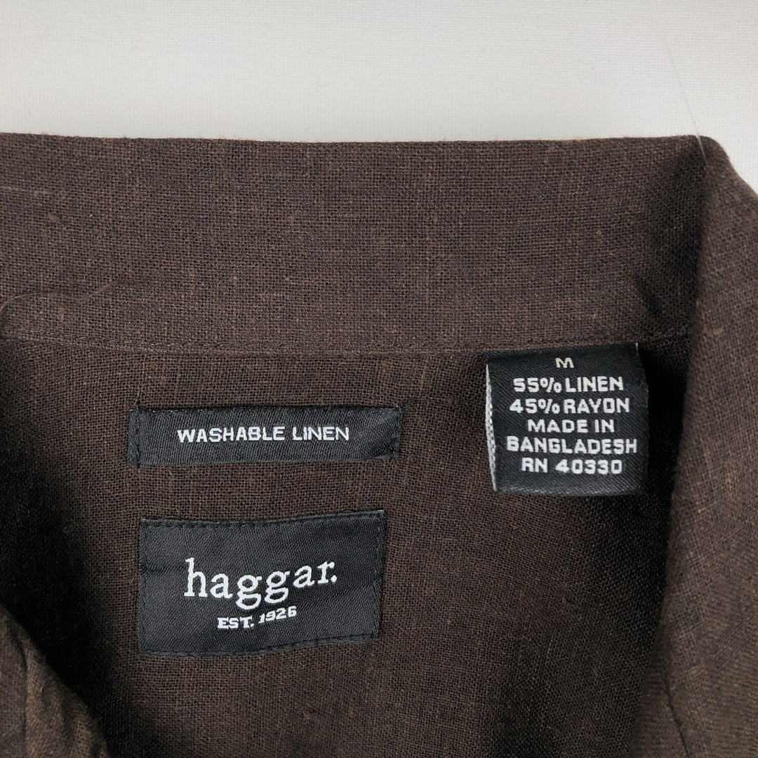 Haggar. Short-sleeved open-collar rayon x linen boxy shirt, men's size M. linen brown type Vintage Second Hand