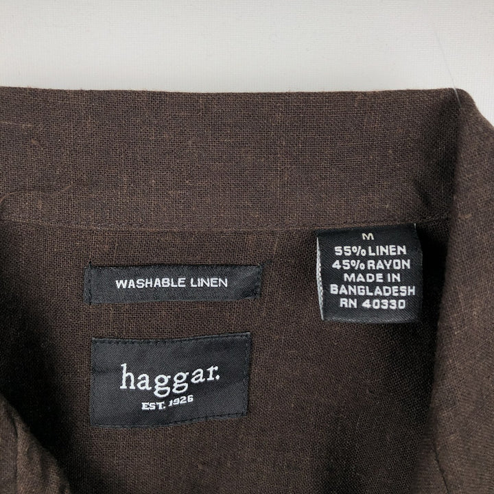 Haggar. Short-sleeved open-collar rayon x linen boxy shirt, men's size M. linen brown type Vintage Second Hand
