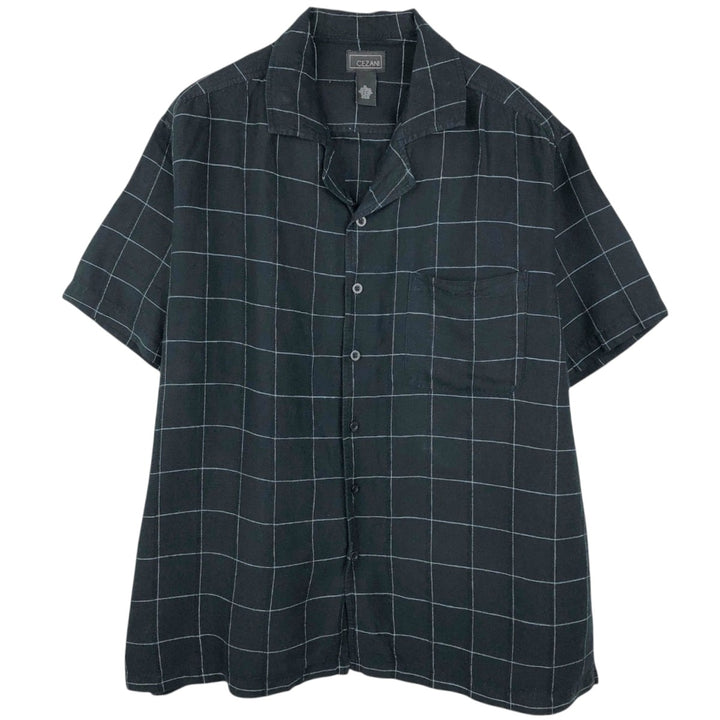 CEZANI Check Pattern Short-Sleeve Open Collar Rayon x Linen Shirt, Boxy Shirt, Men's Size XL (approx.) linen black type Vintage Second Hand
