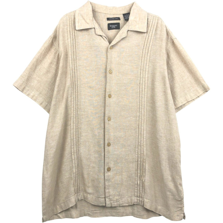 HAGGAR Washable Linen Short-Sleeve Open-Collar Rayon x Linen Box Shirt (Men's Size L) linen Beige type Vintage Second Hand
