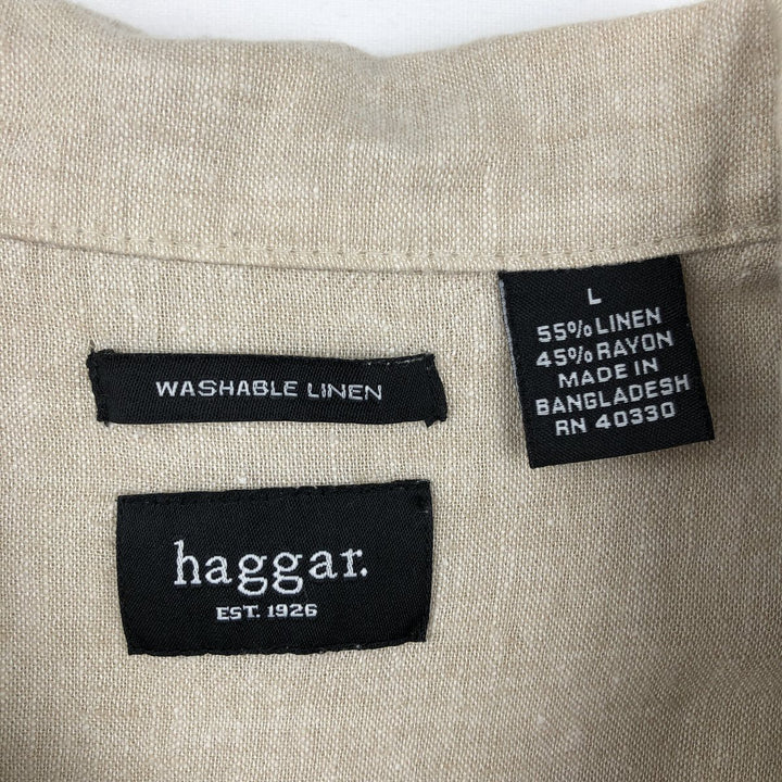 HAGGAR Washable Linen Short-Sleeve Open-Collar Rayon x Linen Box Shirt (Men's Size L) linen Beige type Vintage Second Hand