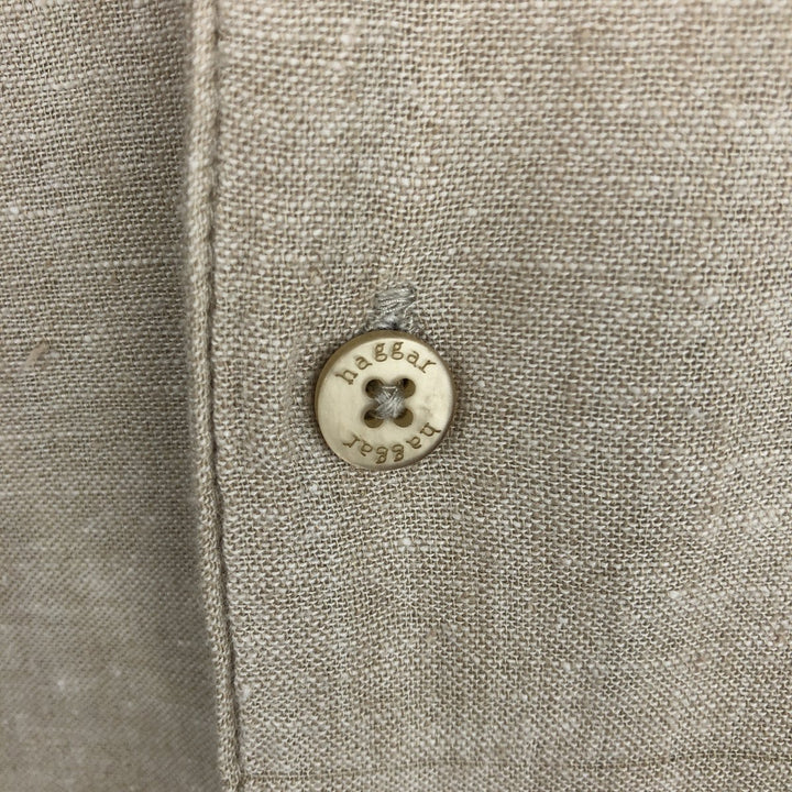 HAGGAR Washable Linen Short-Sleeve Open-Collar Rayon x Linen Box Shirt (Men's Size L) linen Beige type Vintage Second Hand
