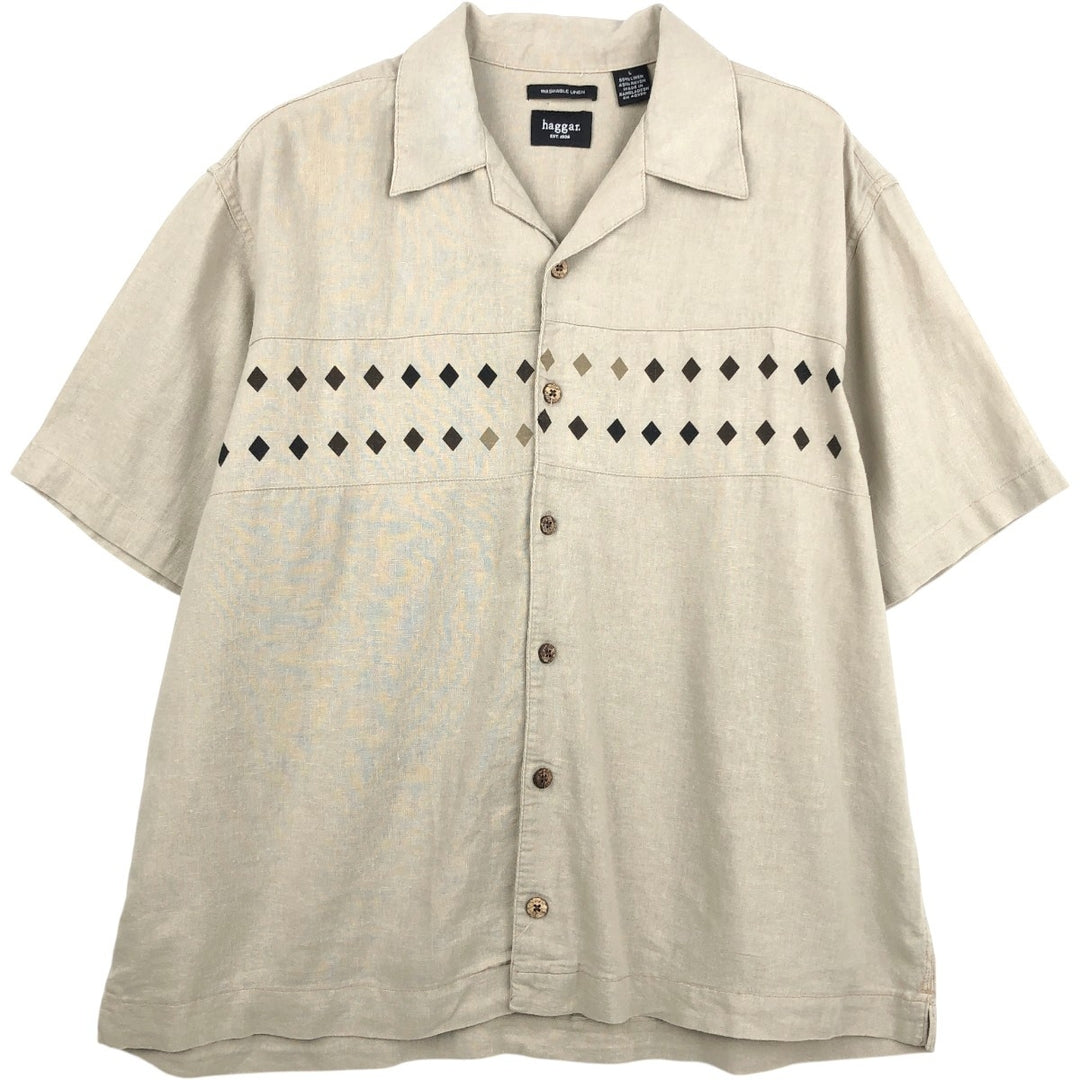 Haggar Diamond Pattern Short-Sleeve Open Collar Rayon x Linen Shirt, Boxy Shirt, Men's Size L (approx.) linen Beige type Vintage Second Hand