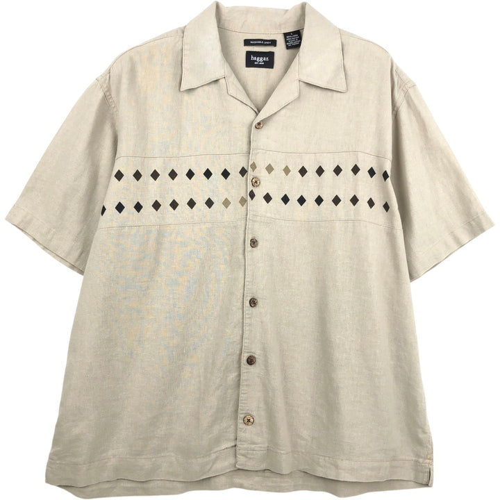 Haggar Diamond Pattern Short-Sleeve Open Collar Rayon x Linen Shirt, Boxy Shirt, Men's Size L (approx.) linen Beige type Vintage Second Hand
