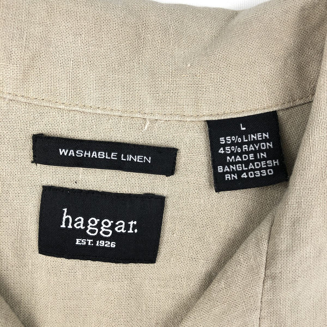 Haggar Diamond Pattern Short-Sleeve Open Collar Rayon x Linen Shirt, Boxy Shirt, Men's Size L (approx.) linen Beige type Vintage Second Hand