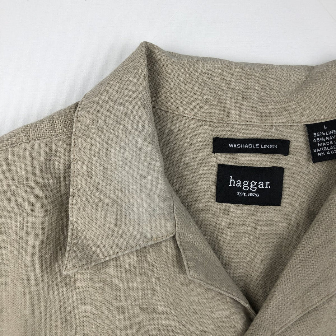 Haggar Diamond Pattern Short-Sleeve Open Collar Rayon x Linen Shirt, Boxy Shirt, Men's Size L (approx.) linen Beige type Vintage Second Hand