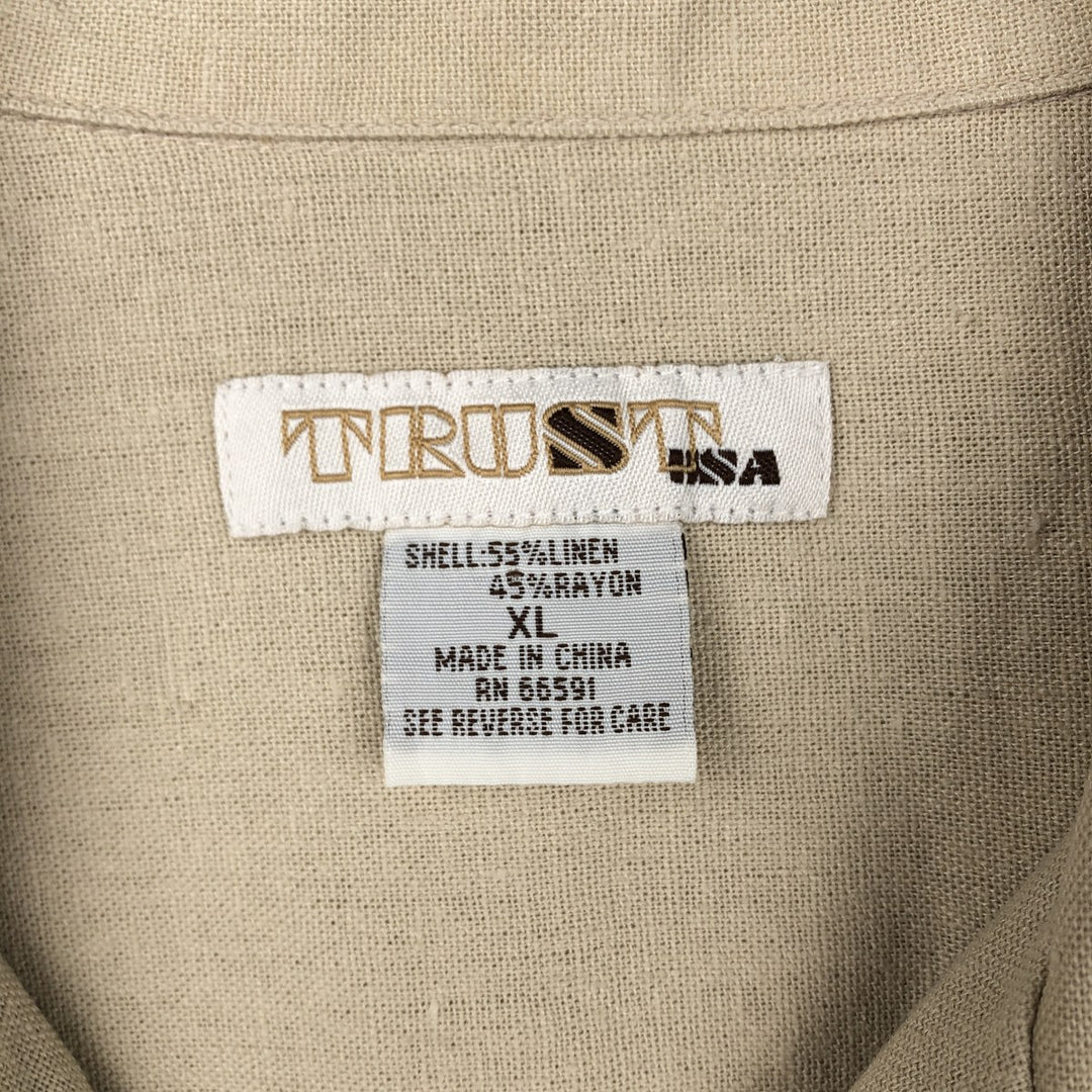 TRUST Short Sleeve Open Collar Rayon and Linen Box Shirt, Men's XL linen Beige type Vintage Second Hand