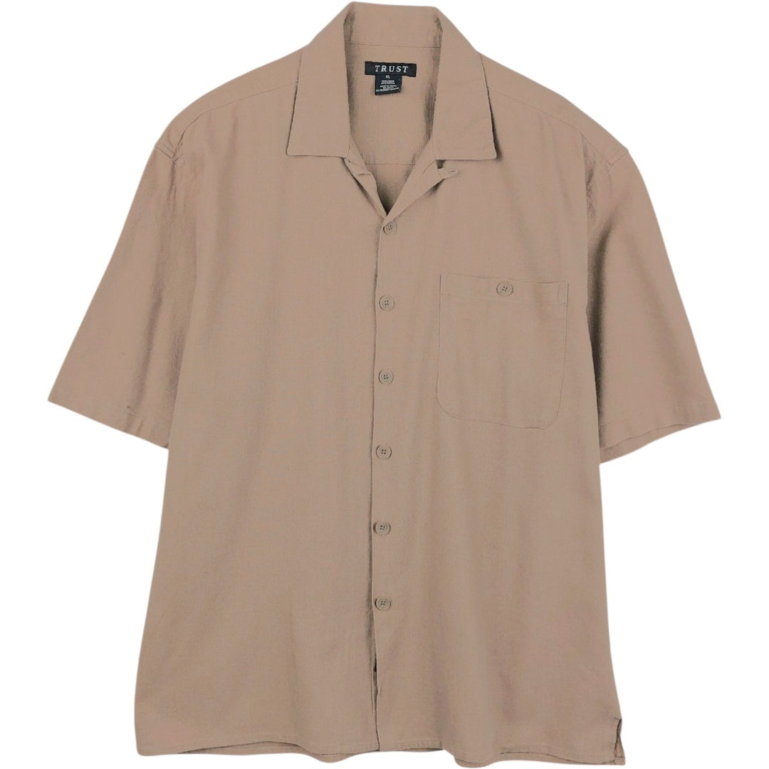 TRUST Short Sleeve Open Collar Rayon and Linen Box Shirt, Men's XL linen beige type brown Vintage Second Hand
