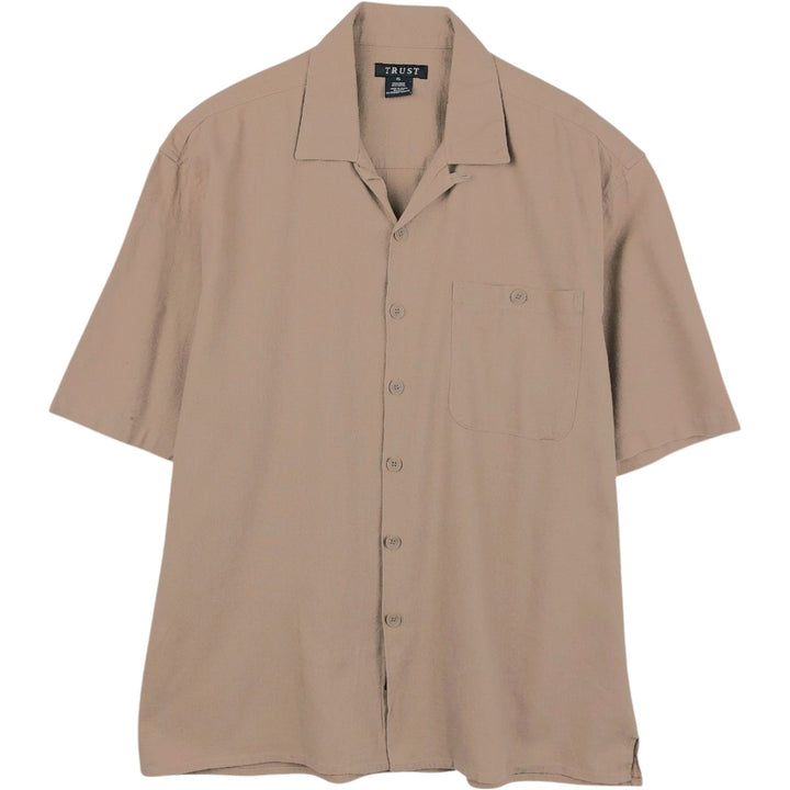 TRUST Short Sleeve Open Collar Rayon and Linen Box Shirt, Men's XL linen beige type brown Vintage Second Hand