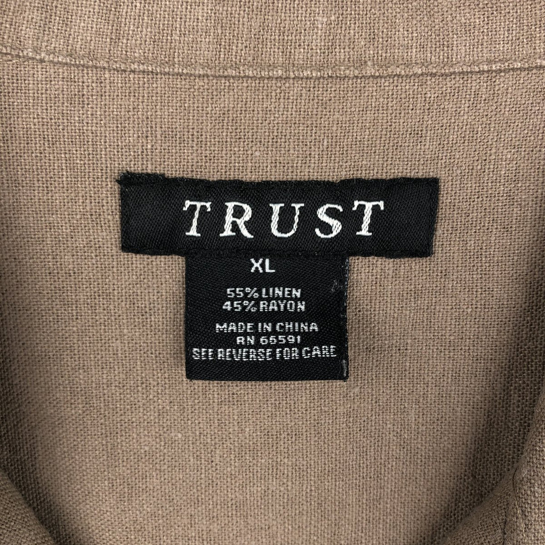 TRUST Short Sleeve Open Collar Rayon and Linen Box Shirt, Men's XL linen beige type brown Vintage Second Hand