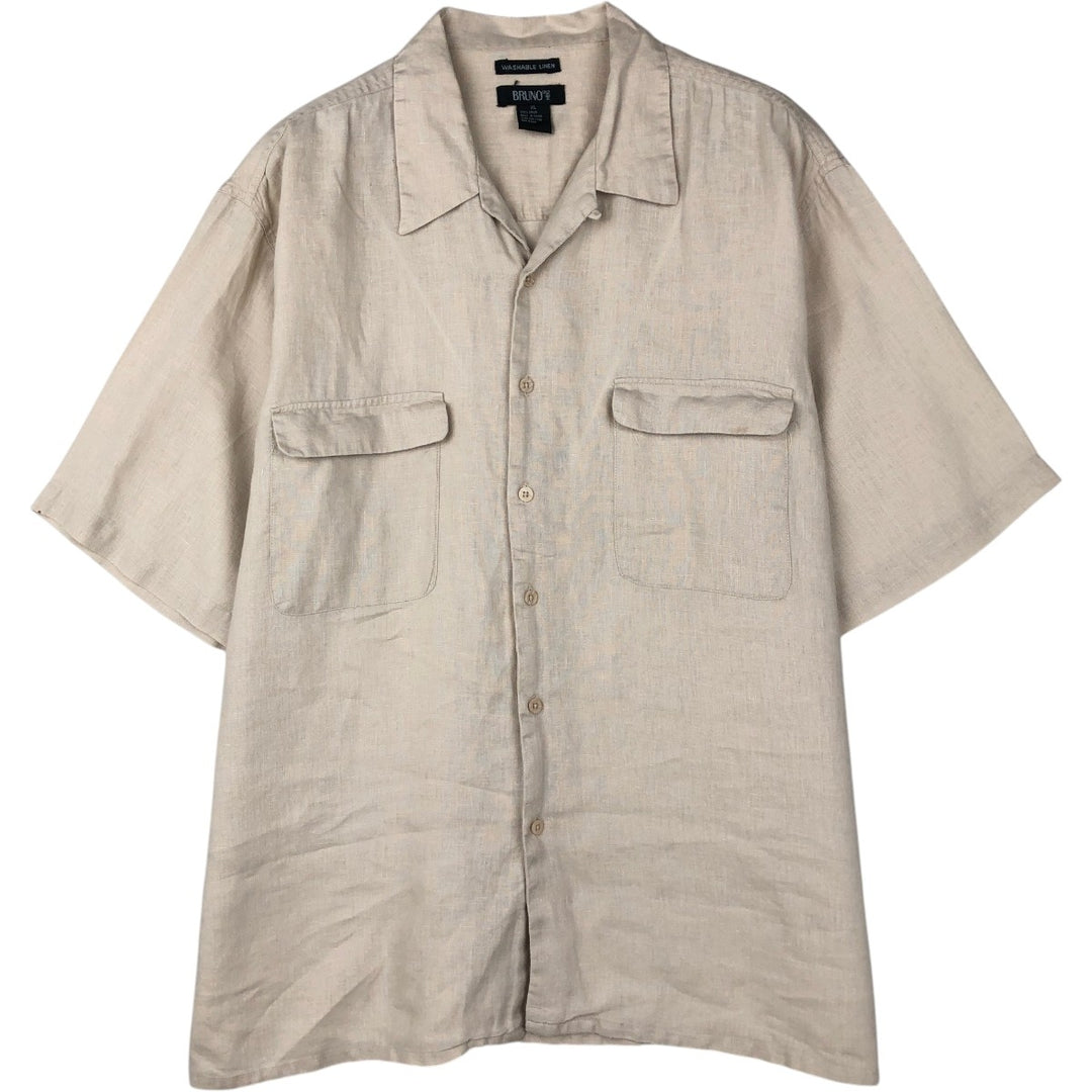 BRUNO Short-Sleeve Open-Collar Linen Shirt, Boxy Fit, Men's Size XL linen unbleached Vintage Second Hand