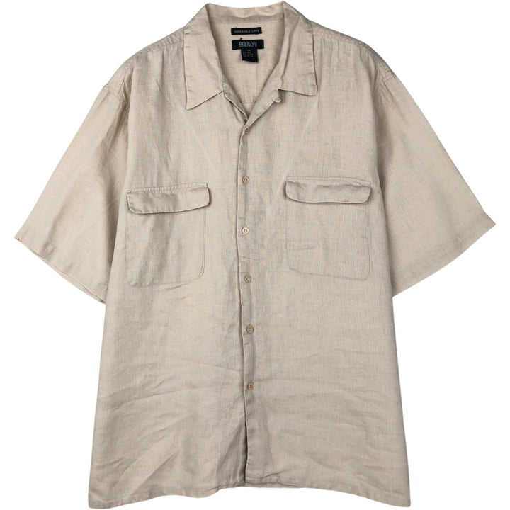 BRUNO Short-Sleeve Open-Collar Linen Shirt, Boxy Fit, Men's Size XL linen unbleached Vintage Second Hand
