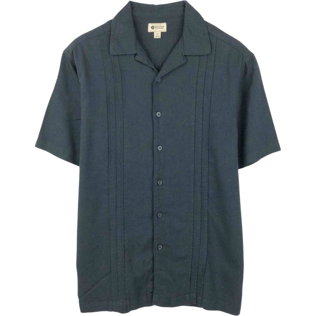 HAGGAR Short-Sleeve Open-Collar Rayon x Linen Shirt, Boxy Fit, Men's Size M (approx.) linen black type Vintage Second Hand