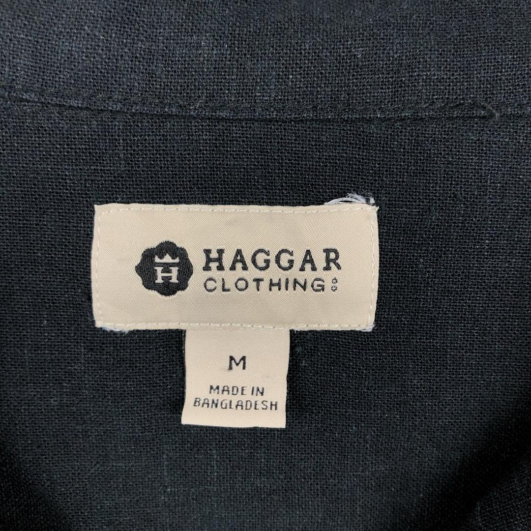 HAGGAR Short-Sleeve Open-Collar Rayon x Linen Shirt, Boxy Fit, Men's Size M (approx.) linen black type Vintage Second Hand
