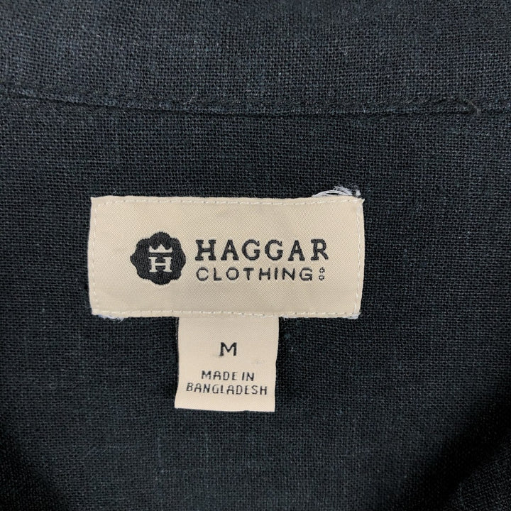 HAGGAR Short-Sleeve Open-Collar Rayon x Linen Shirt, Boxy Fit, Men's Size M (approx.) linen black type Vintage Second Hand