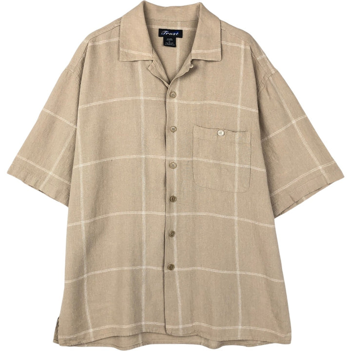 Trust Check Pattern Short-Sleeve Open Collar Rayon x Linen Shirt, Boxy Shirt, Men's XL Equivalent linen brown type Vintage Second Hand