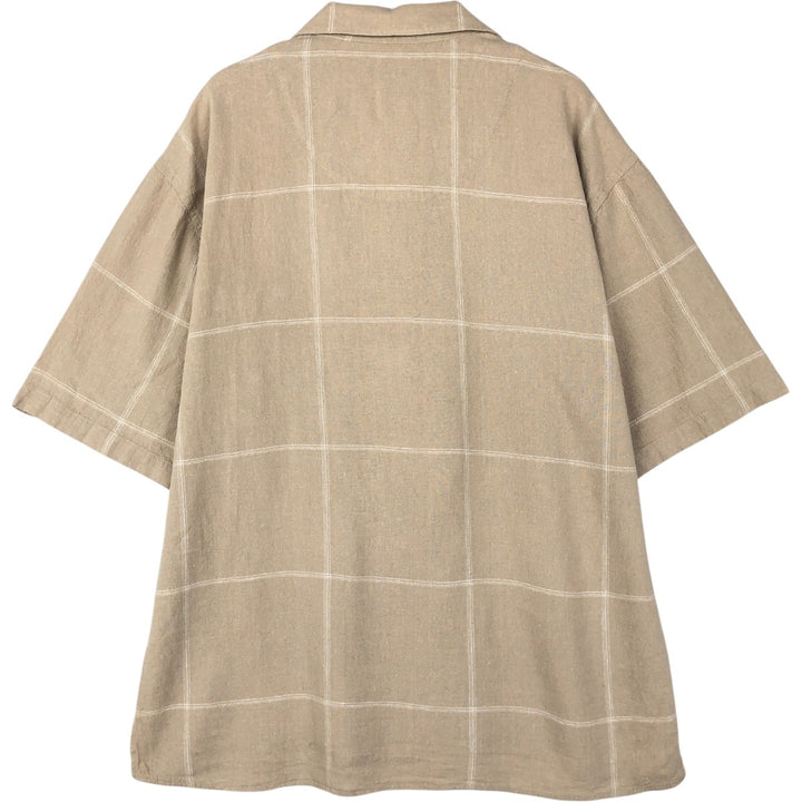 Trust Check Pattern Short-Sleeve Open Collar Rayon x Linen Shirt, Boxy Shirt, Men's XL Equivalent linen brown type Vintage Second Hand