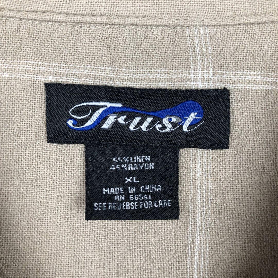 Trust Check Pattern Short-Sleeve Open Collar Rayon x Linen Shirt, Boxy Shirt, Men's XL Equivalent linen brown type Vintage Second Hand