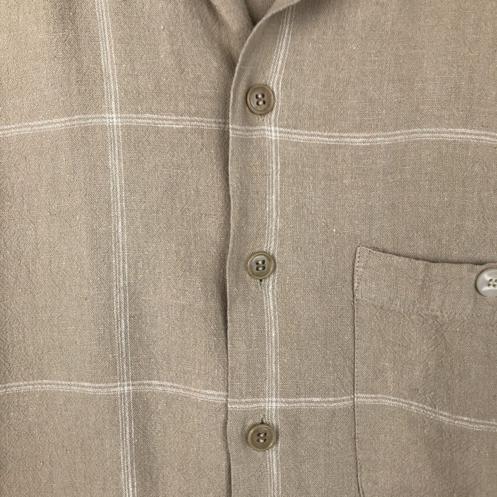 Trust Check Pattern Short-Sleeve Open Collar Rayon x Linen Shirt, Boxy Shirt, Men's XL Equivalent linen brown type Vintage Second Hand
