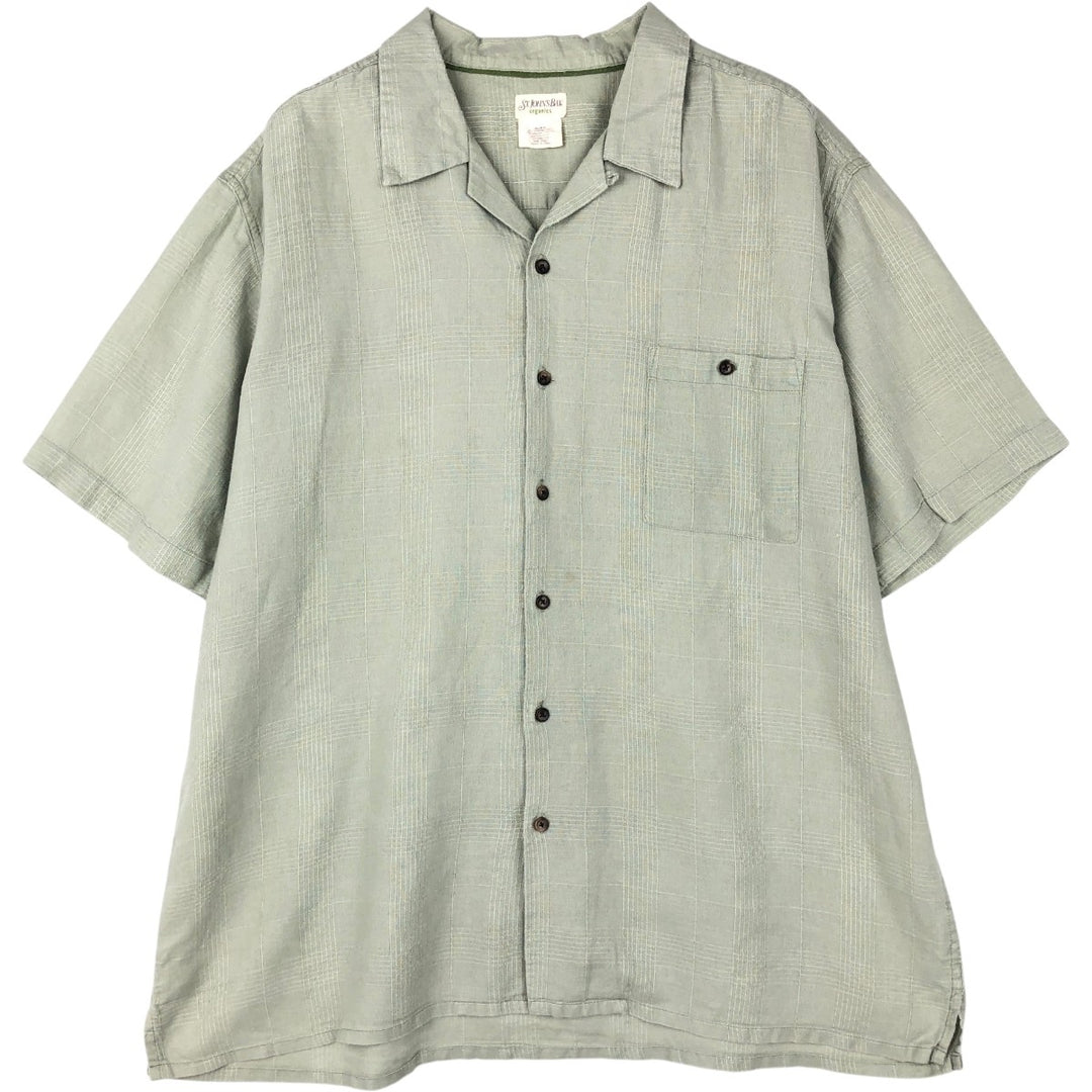 St. John's Bay Organics Check Pattern Short-Sleeve Open Collar Cotton x Linen Shirt, Boxy Shirt, Men's XL Equivalent linen green type yellow green Vintage Second Hand