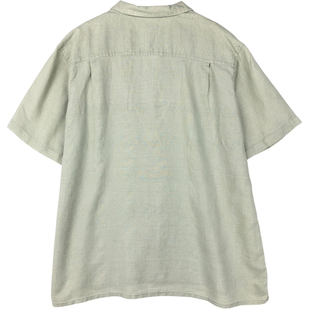 St. John's Bay Organics Check Pattern Short-Sleeve Open Collar Cotton x Linen Shirt, Boxy Shirt, Men's XL Equivalent linen green type yellow green Vintage Second Hand