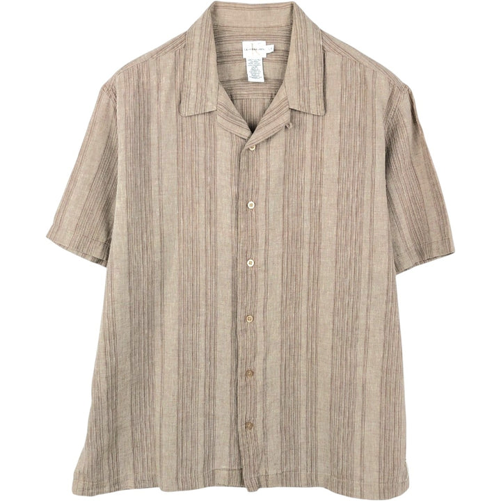 90s-00'S Calvin Klein Stripe Pattern Short-Sleeve Open-Collar Linen Shirt, Boxy Shirt, Men's Size L (Equivalent), Vintage linen Beige type Vintage Second Hand