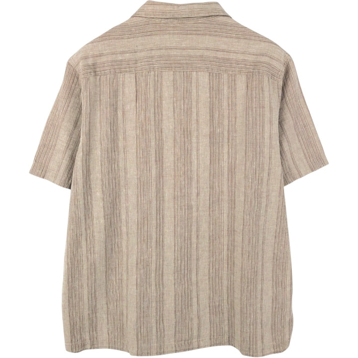90s-00'S Calvin Klein Stripe Pattern Short-Sleeve Open-Collar Linen Shirt, Boxy Shirt, Men's Size L (Equivalent), Vintage linen Beige type Vintage Second Hand
