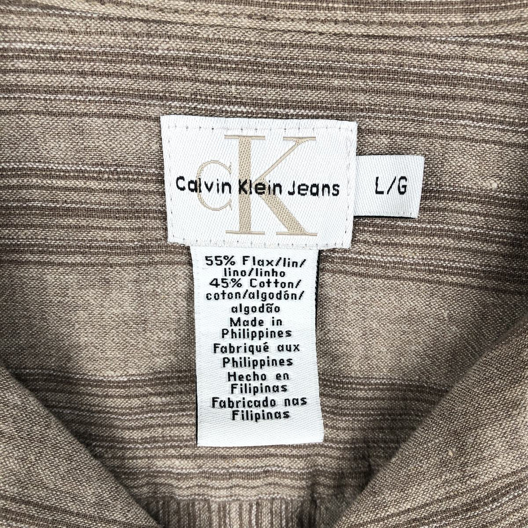 90s-00'S Calvin Klein Stripe Pattern Short-Sleeve Open-Collar Linen Shirt, Boxy Shirt, Men's Size L (Equivalent), Vintage linen Beige type Vintage Second Hand
