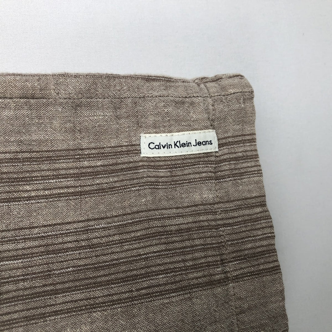 90s-00'S Calvin Klein Stripe Pattern Short-Sleeve Open-Collar Linen Shirt, Boxy Shirt, Men's Size L (Equivalent), Vintage linen Beige type Vintage Second Hand