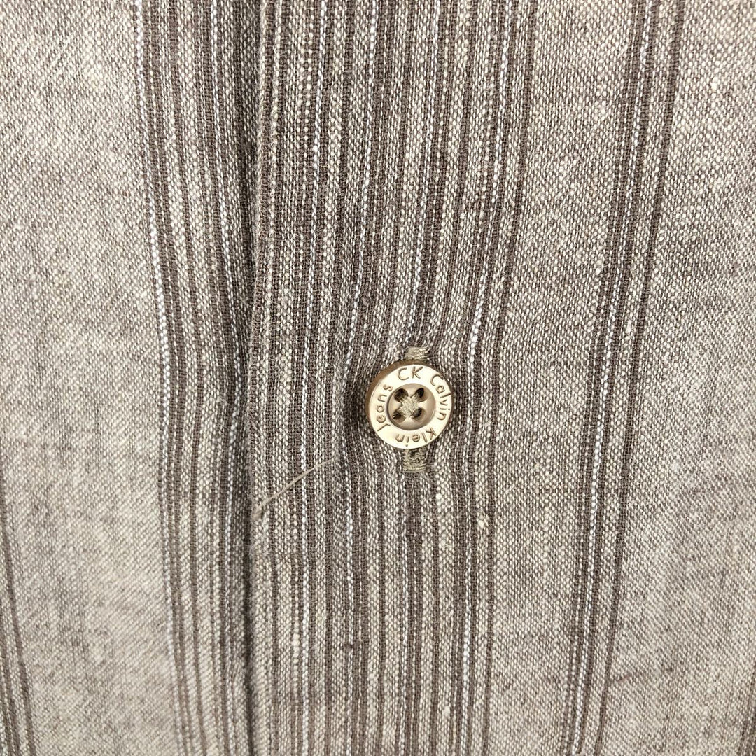 90s-00'S Calvin Klein Stripe Pattern Short-Sleeve Open-Collar Linen Shirt, Boxy Shirt, Men's Size L (Equivalent), Vintage linen Beige type Vintage Second Hand