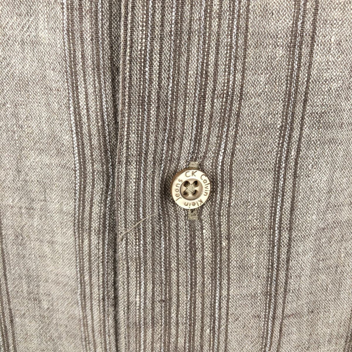 90s-00'S Calvin Klein Stripe Pattern Short-Sleeve Open-Collar Linen Shirt, Boxy Shirt, Men's Size L (Equivalent), Vintage linen Beige type Vintage Second Hand